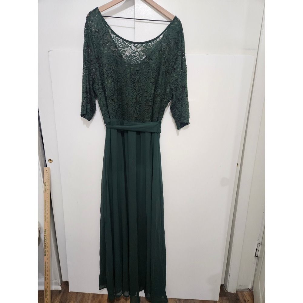 Pinup Fashion Green Lace Chiffon Maxi Dress 24W Plus Size 3/4 Sleeve Formal Gown
